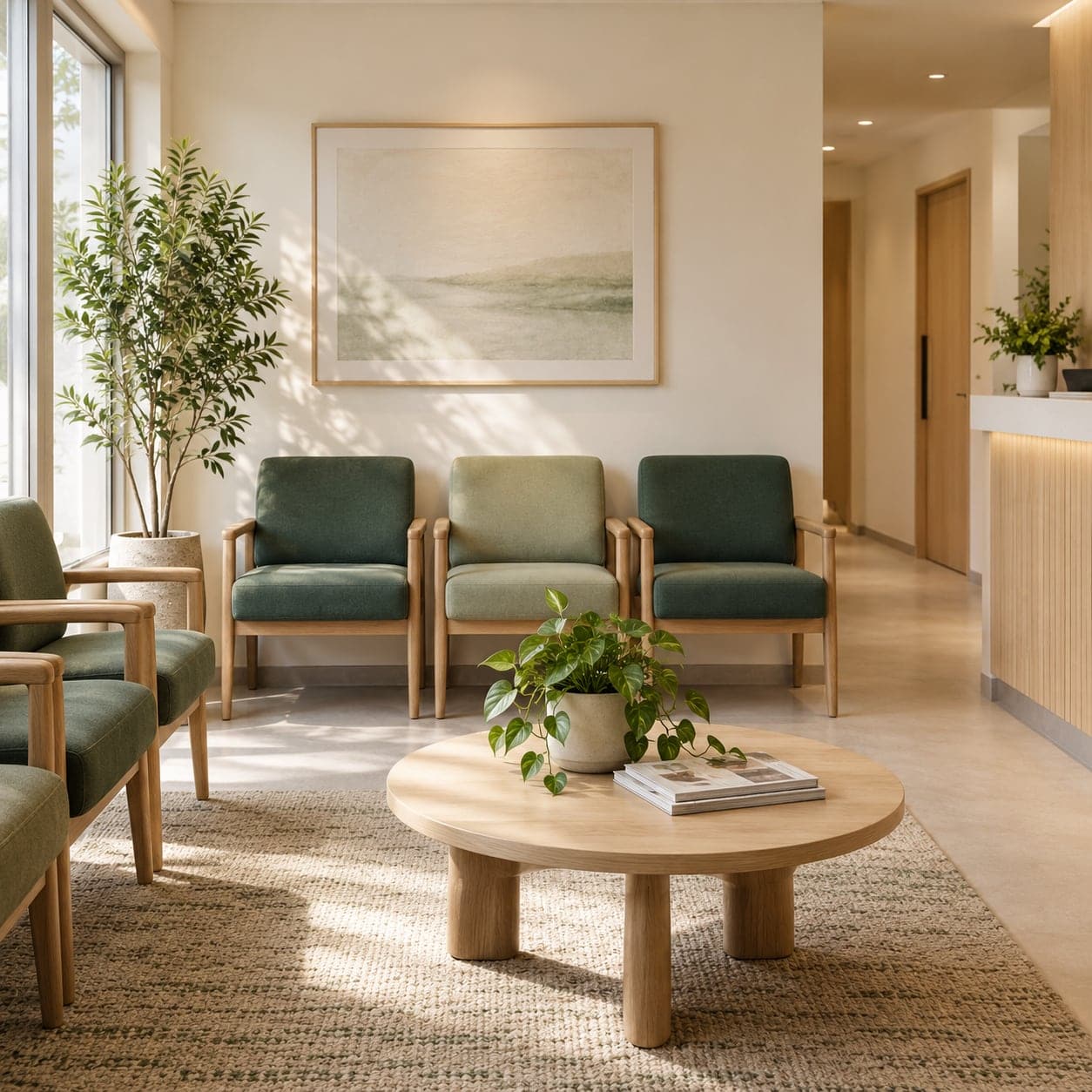 Illustrative clinic waiting area with green seating and natural daylight